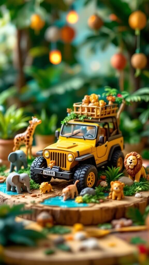 A vibrant 3D cake featuring a yellow jeep surrounded by various jungle animals.