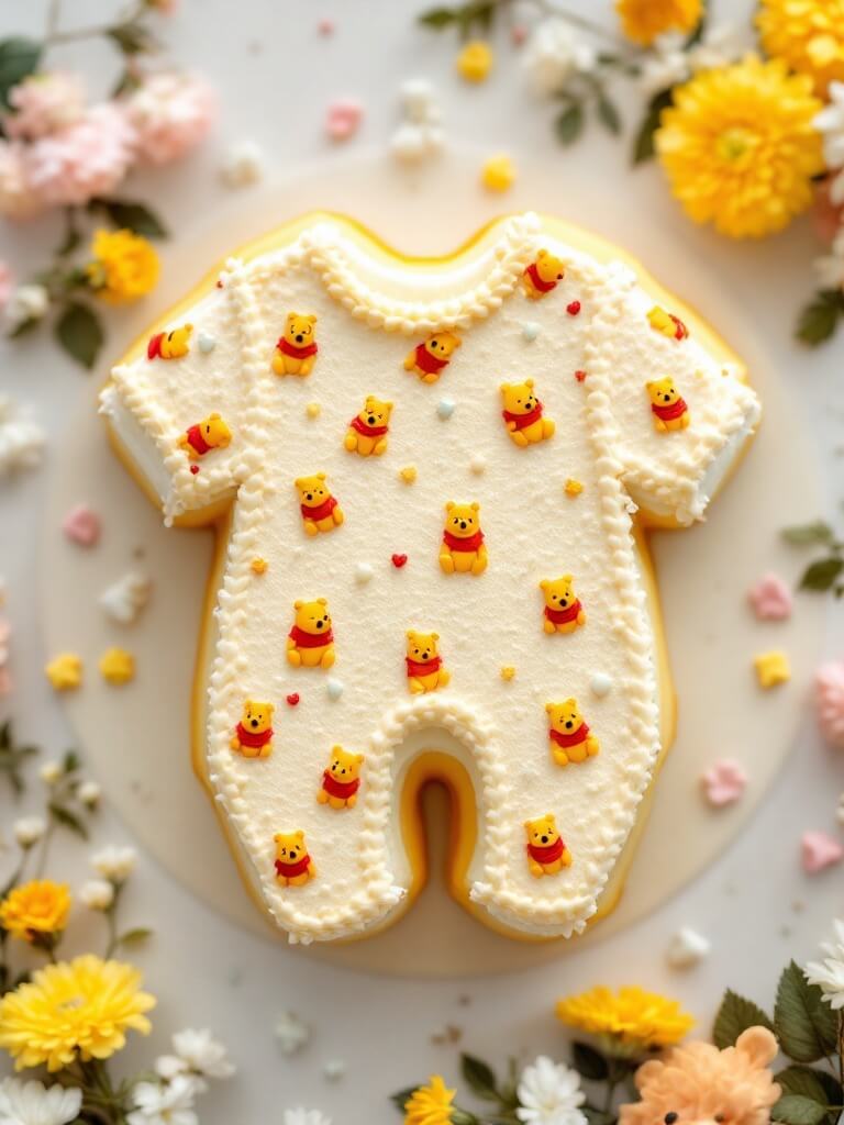 A Pooh-themed onesie cake decorated with little Pooh figurines and flowers.