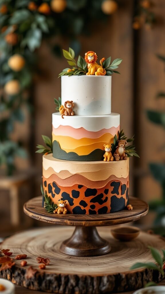 A three-tier animal print ombré layer cake with lion decorations and leaf accents.