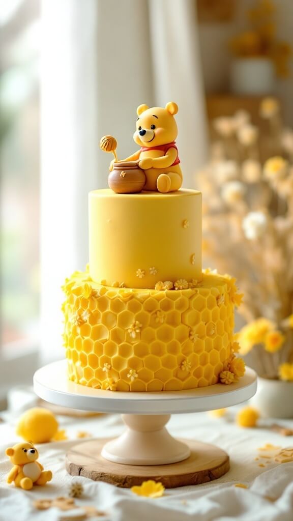 A two-tiered cake decorated with honeycomb patterns and a Winnie the Pooh figure holding a honey pot.