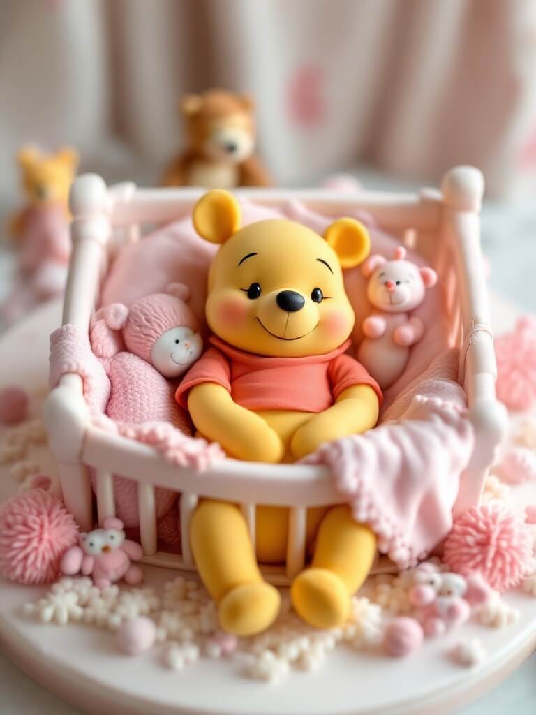 A cute cake with Baby Pooh in a crib surrounded by plush toys and pastel decorations.