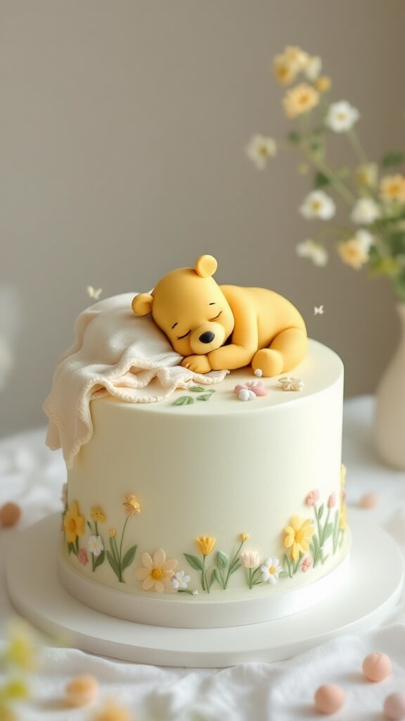 A two-tier baby shower cake with a sleeping Pooh bear figure on top, decorated with flowers.