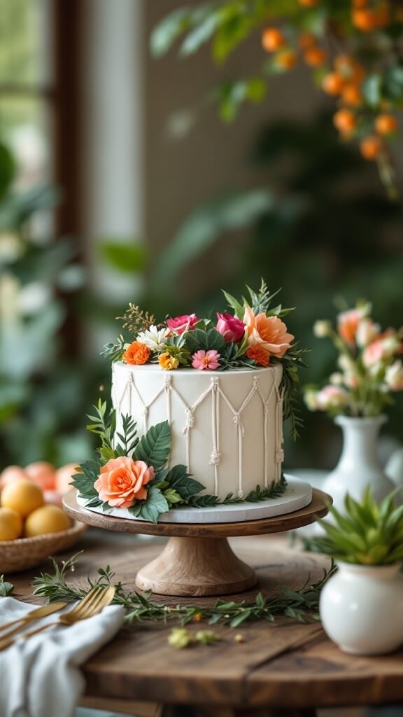 A beautifully decorated cake with macramé details and colorful flowers, set on a wooden stand surrounded by greenery.