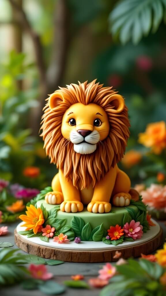 A carved lion cake decorated with colorful flowers and greenery, perfect for a jungle-themed baby shower.