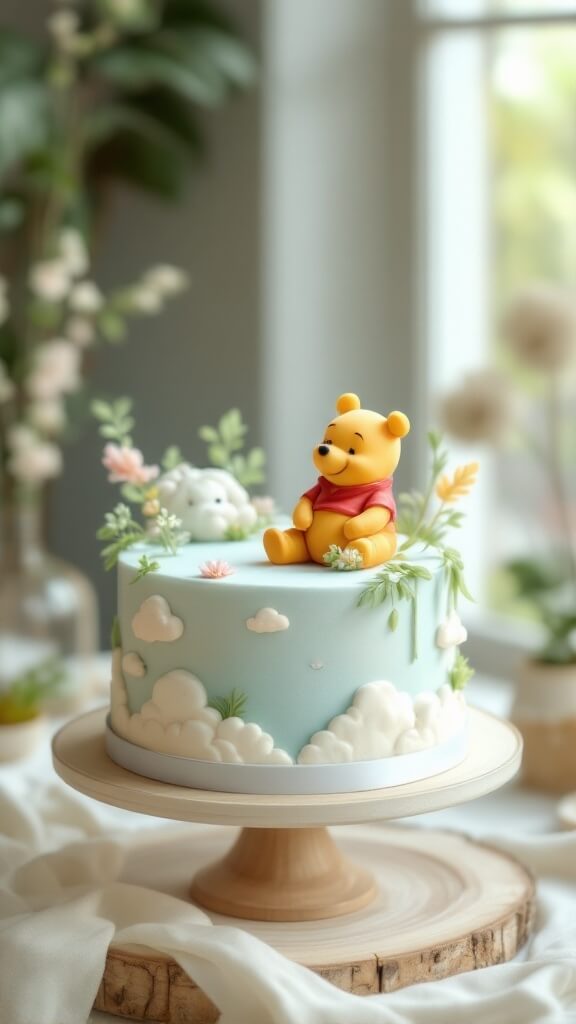 A Classic Winnie the Pooh cake decorated with pastel colors and clouds, featuring a Pooh figurine.