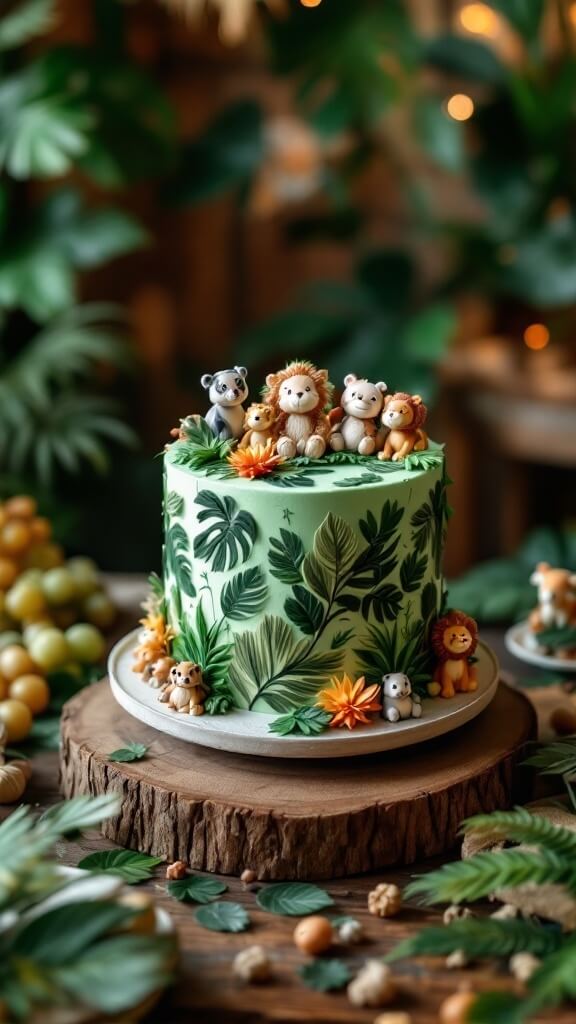 A charming jungle-themed cake decorated with leaves and animal figurines, perfect for a baby shower.