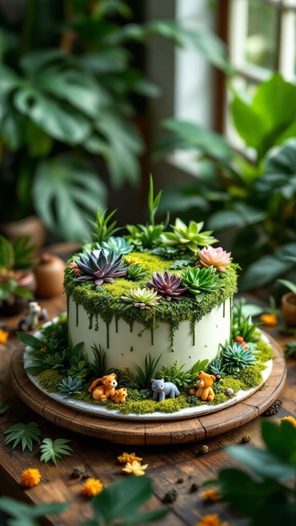 A jungle-themed cake decorated with edible moss, succulents, and small animal figures.