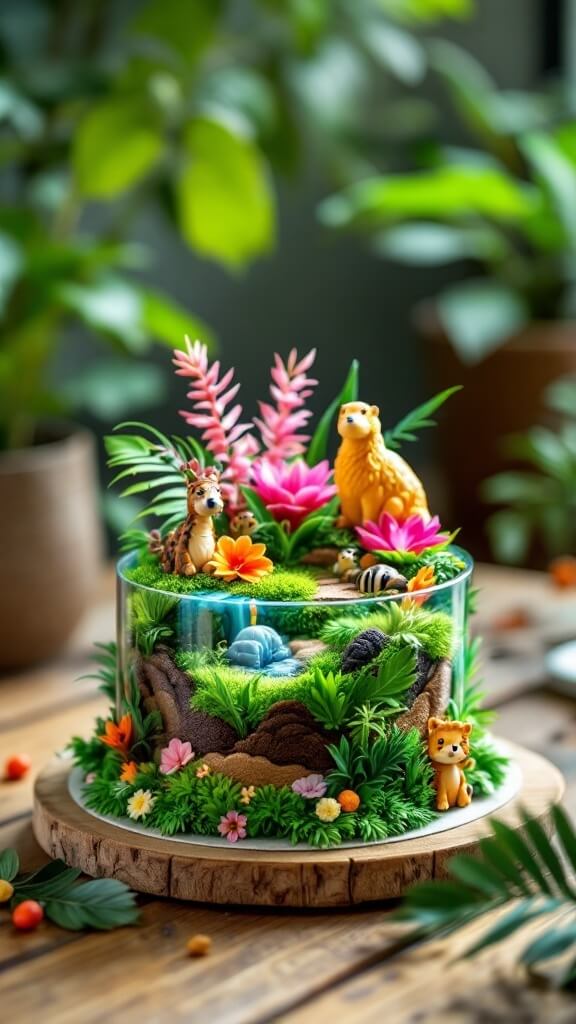 An edible terrarium jungle cake with vibrant plants and playful animal figures