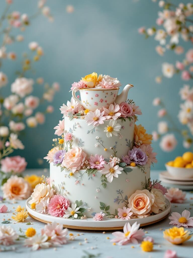 A beautifully decorated two-tier cake with flowers and a teacup on top, inspired by Eeyore's tea party.