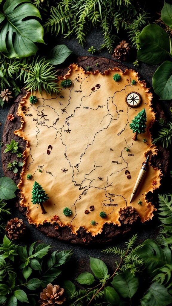 Explorer's Map Cookie Cake designed like a treasure map with trees and footprints