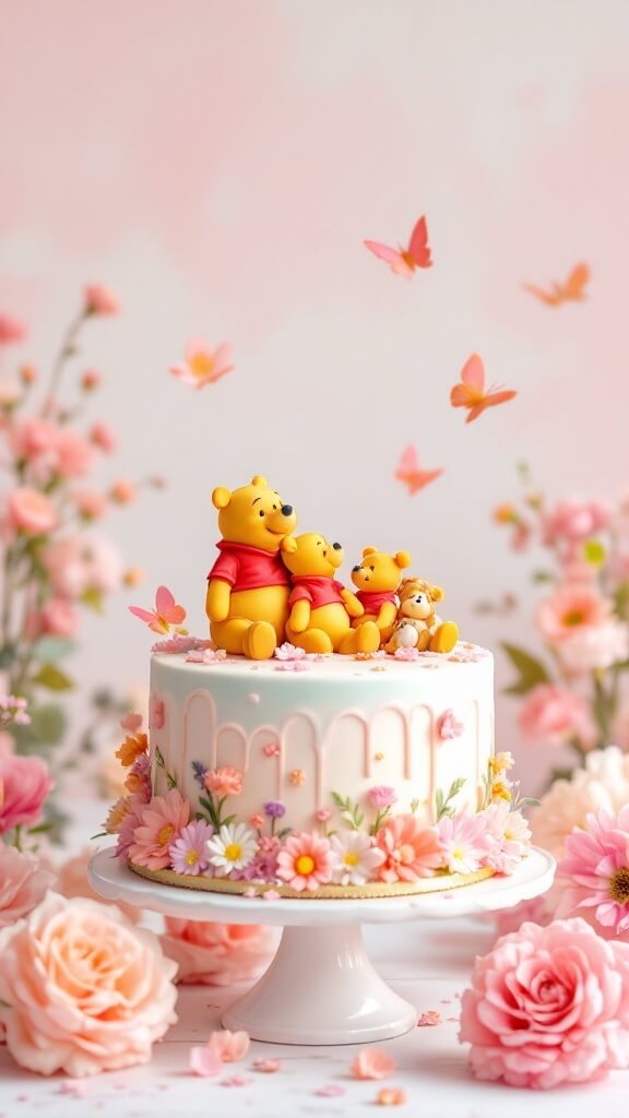 A floral Winnie the Pooh cake with pastel colors and flowers, featuring Pooh and friends.