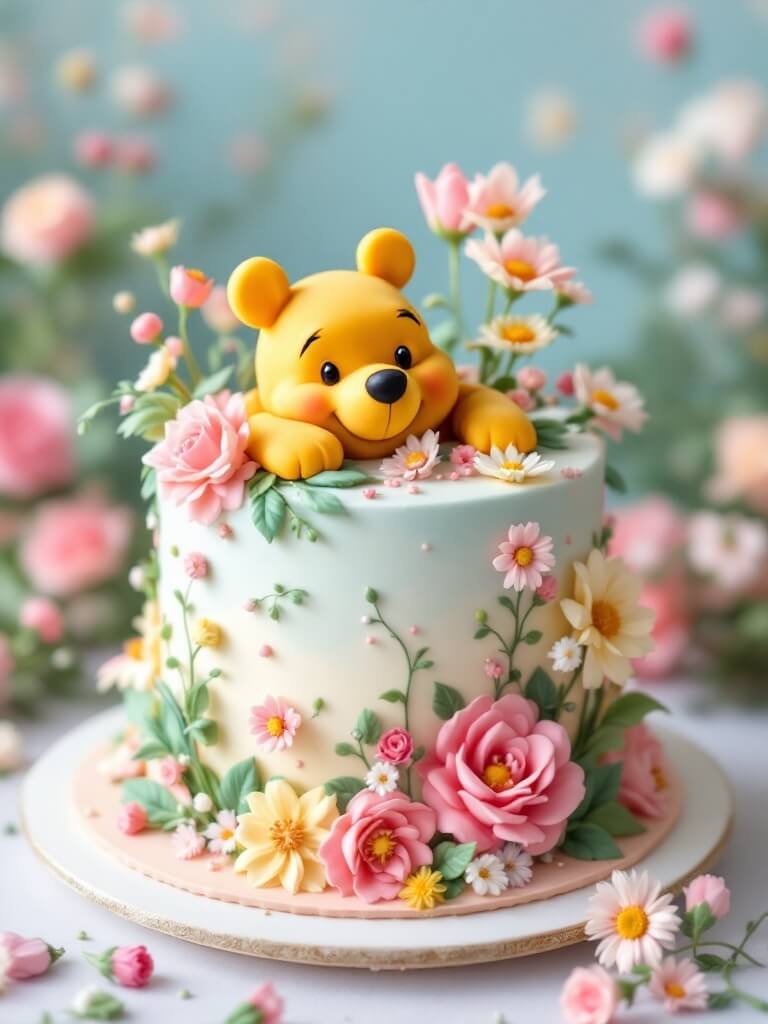 A floral-themed cake featuring Winnie the Pooh surrounded by colorful flowers.