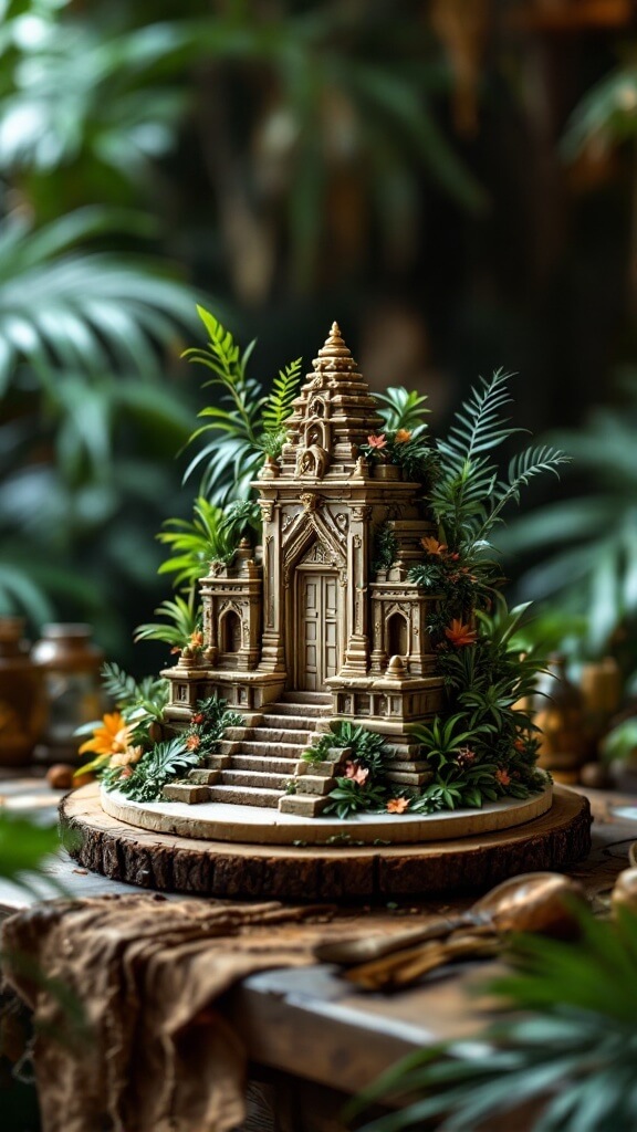 A beautifully carved cake resembling hidden temple ruins, surrounded by greenery.