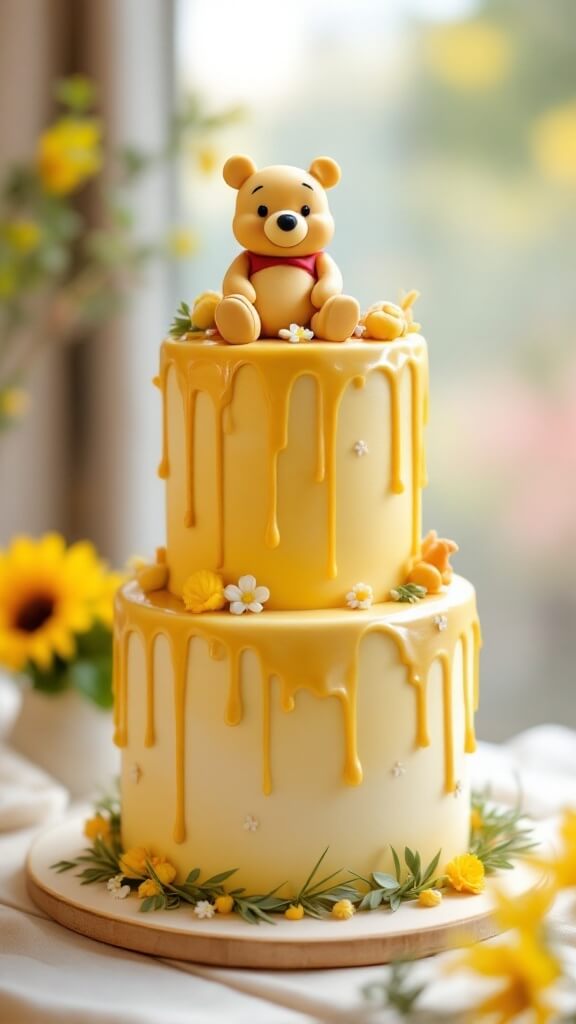 Two-tier honey pot cake with Winnie the Pooh figurine on top.