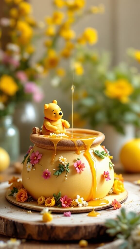 A whimsical honey pot cake decorated with flowers and a Winnie the Pooh figure.