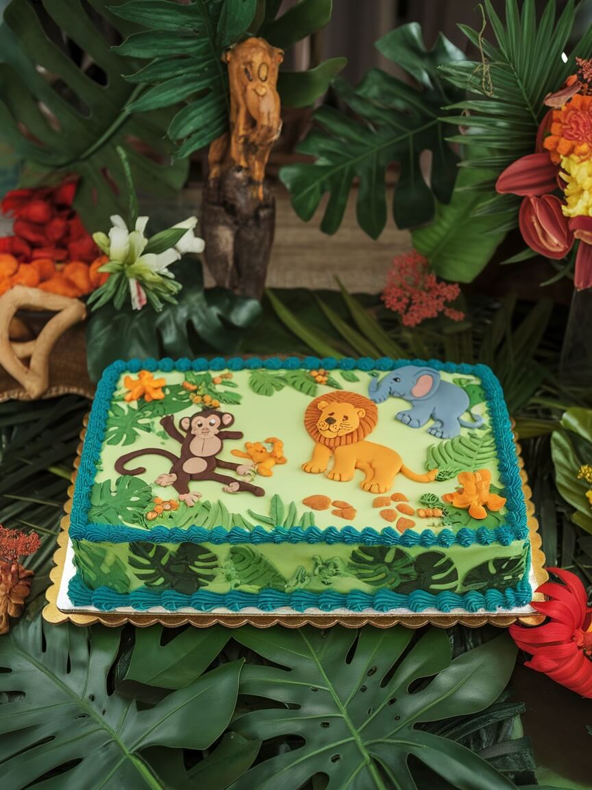 A jungle-themed sheet cake with animal decorations including a lion, monkey, and elephant, surrounded by tropical leaves.