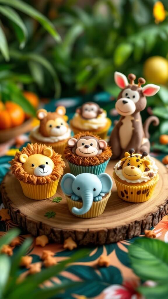 A variety of jungle-themed cupcakes featuring cute animal designs like a lion, elephant, and monkey on a wooden platter.