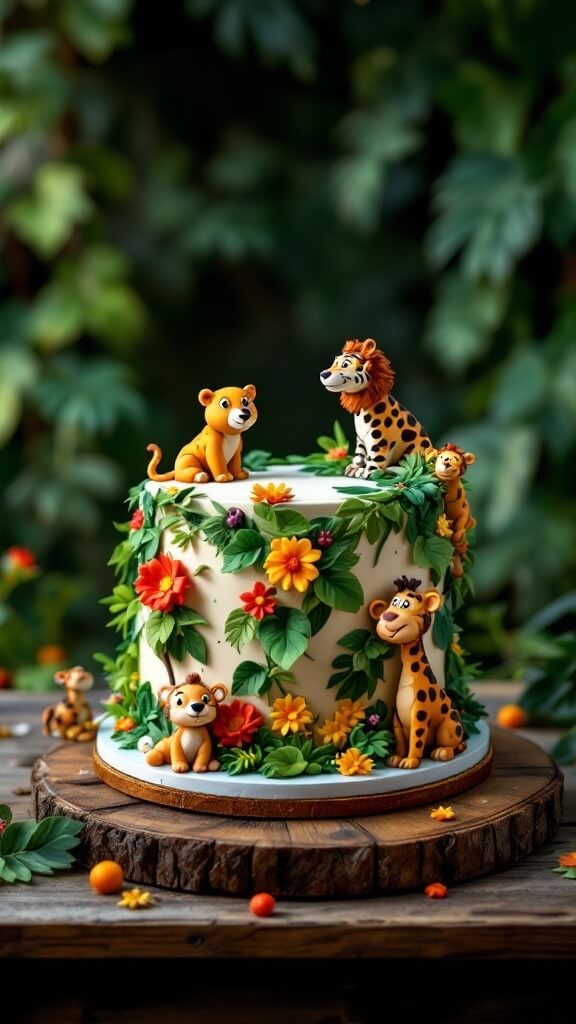 A colorful two-tier cake decorated with jungle animals and flowers.