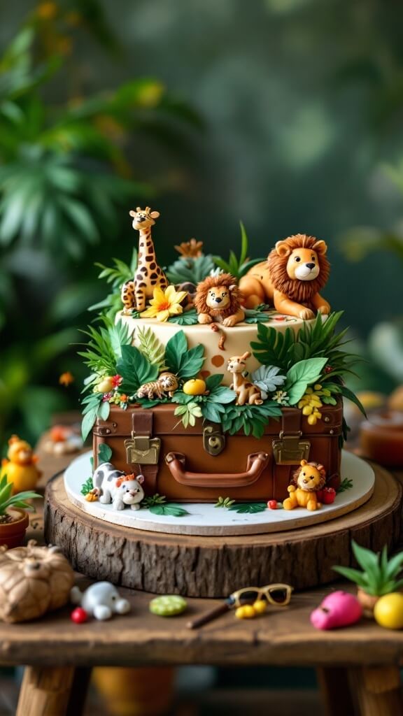 A colorful jungle-themed cake designed like a suitcase, featuring fondant animals and greenery.