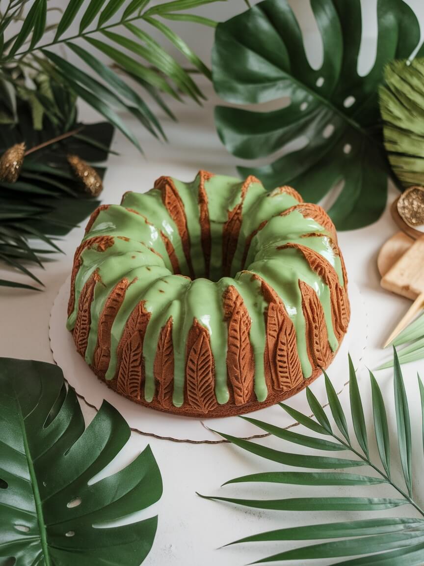 Bundt cake decorated with green glaze and jungle leaves design, placed among tropical foliage.