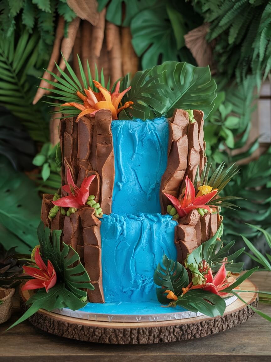 A three-tiered cake featuring a waterfall design with vibrant blue frosting, chocolate layers, and tropical decorations