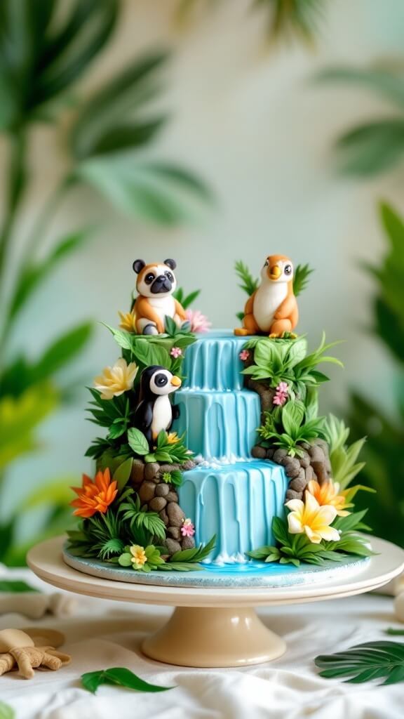 A jungle themed cake featuring a waterfall with cute animal decorations