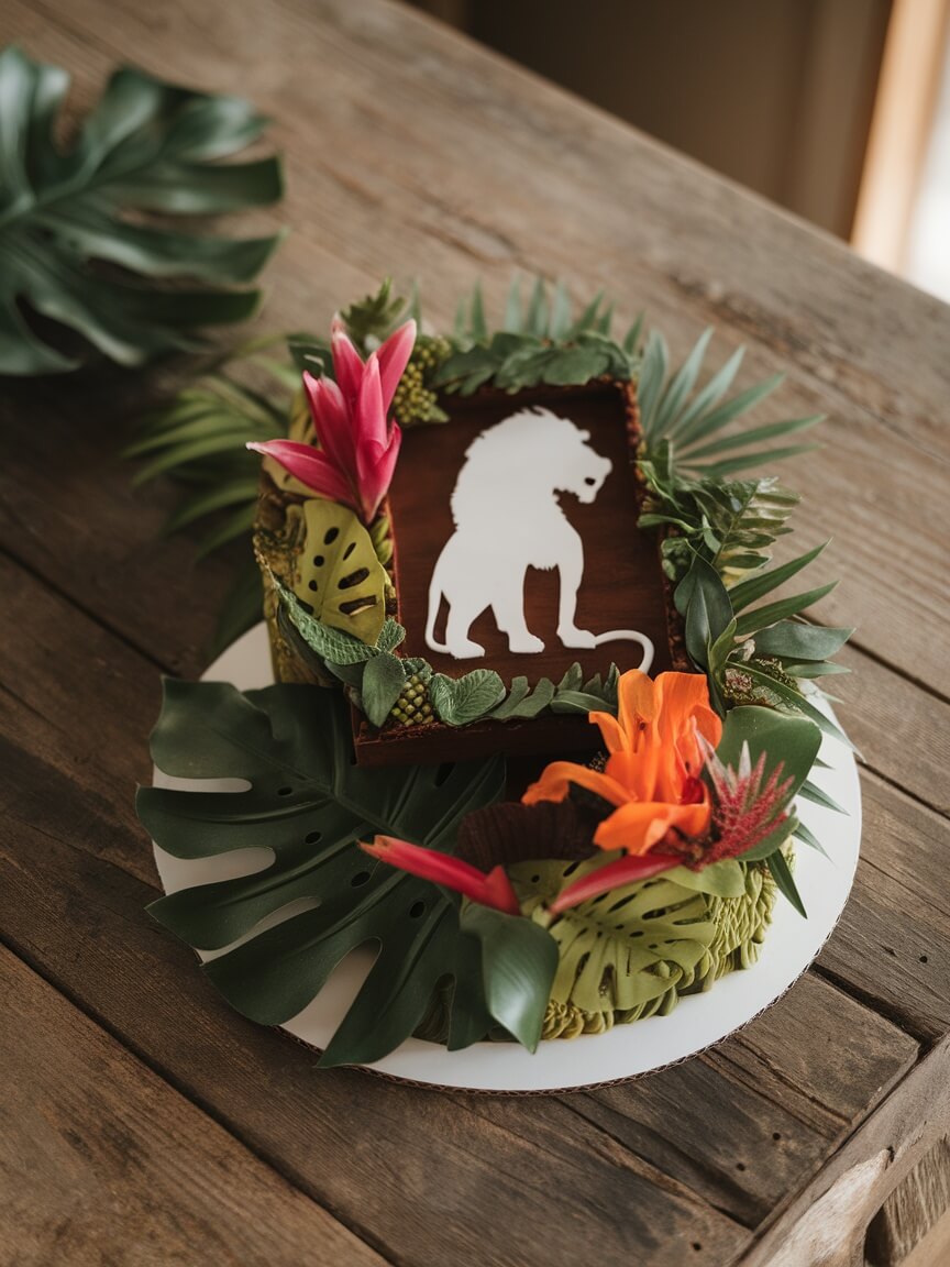 A jungle themed baby shower cake featuring a Lion King silhouette, surrounded by tropical leaves and flowers.