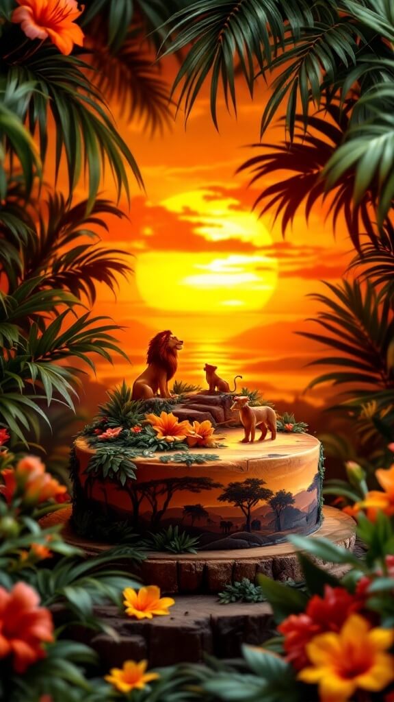 Lion King sunset silhouette cake surrounded by tropical plants and flowers