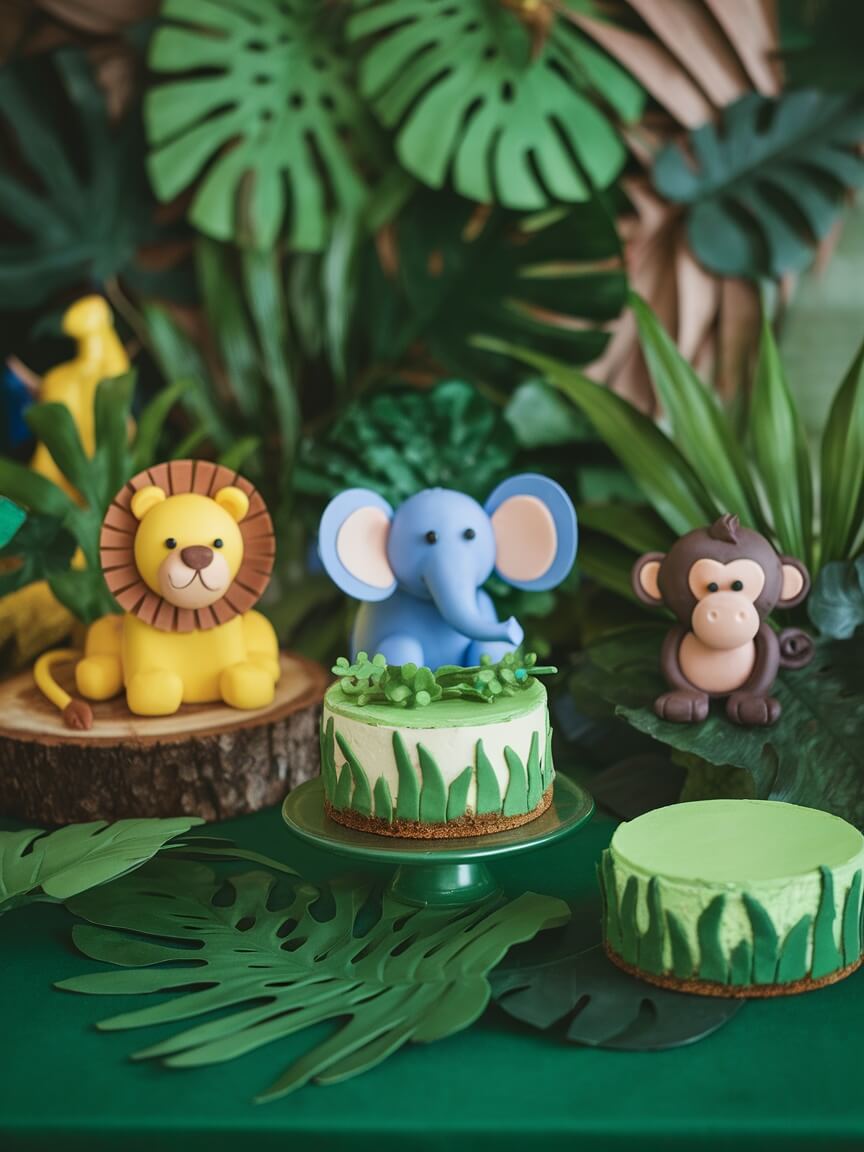 Mini jungle animal cheesecakes with animal toppers and greenery decoration.