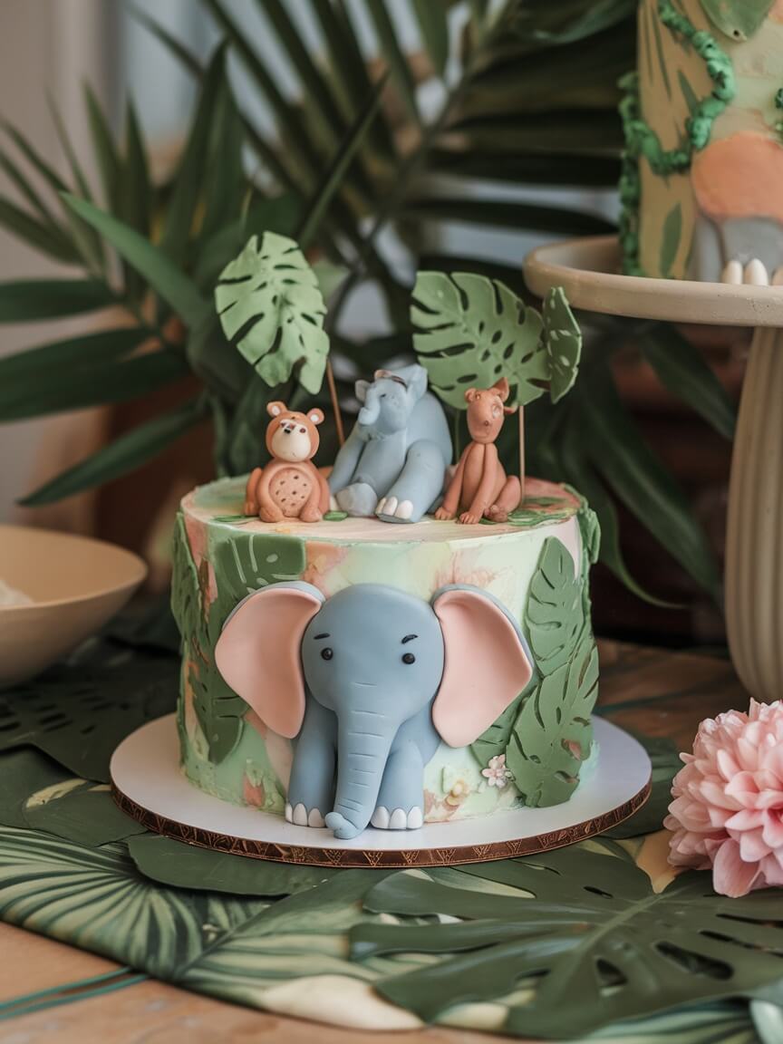 One-tier jungle theme cake featuring an elephant and other animal figures with green leaves.