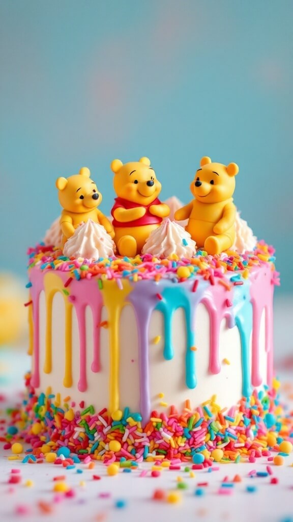 A colorful pastel rainbow drip cake featuring Winnie the Pooh characters on top.