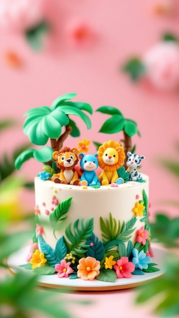 Jungle themed cake with playful animal decorations and colorful flowers