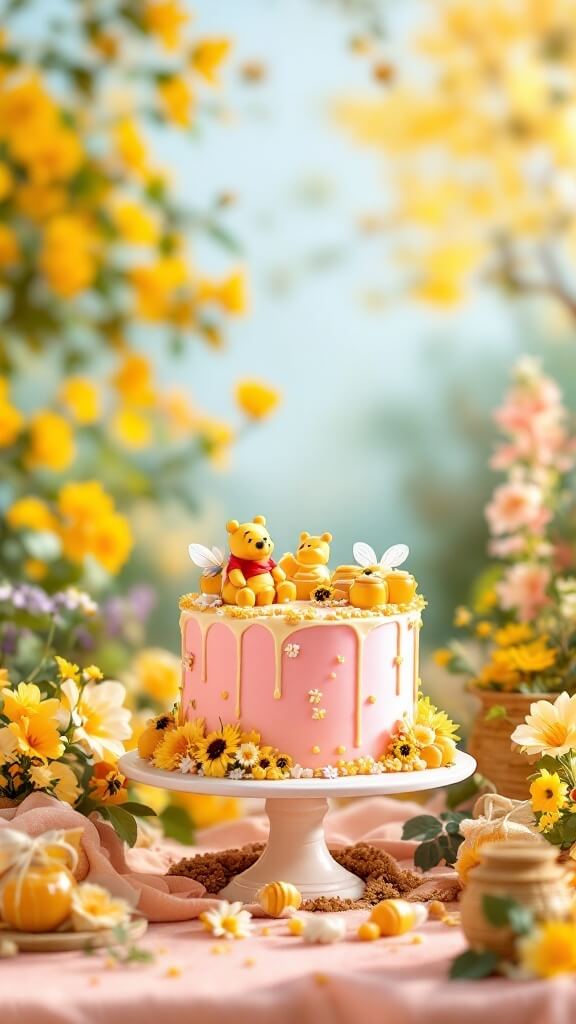 A pink cake decorated with Winnie the Pooh and honey bees surrounded by flowers.