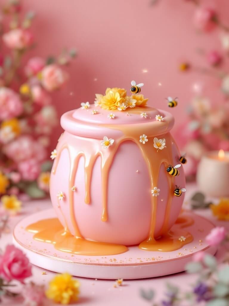 A pink honey pot cake decorated with honey drips, flowers, and bees, against a soft pink background.