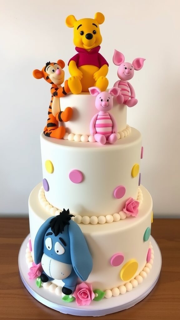 A three-tier cake decorated with Winnie the Pooh and friends, featuring pastel colors and floral accents.