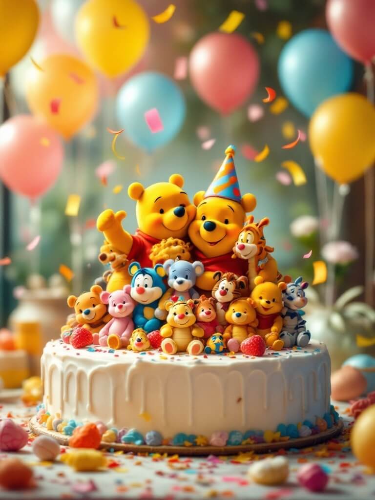 A delightful Winnie the Pooh themed birthday cake with colorful decorations and balloons.