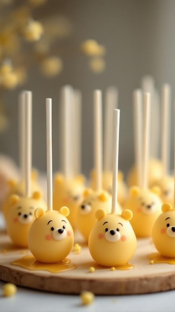 Cake pops shaped like Winnie the Pooh with soft pastel colors and honey drips