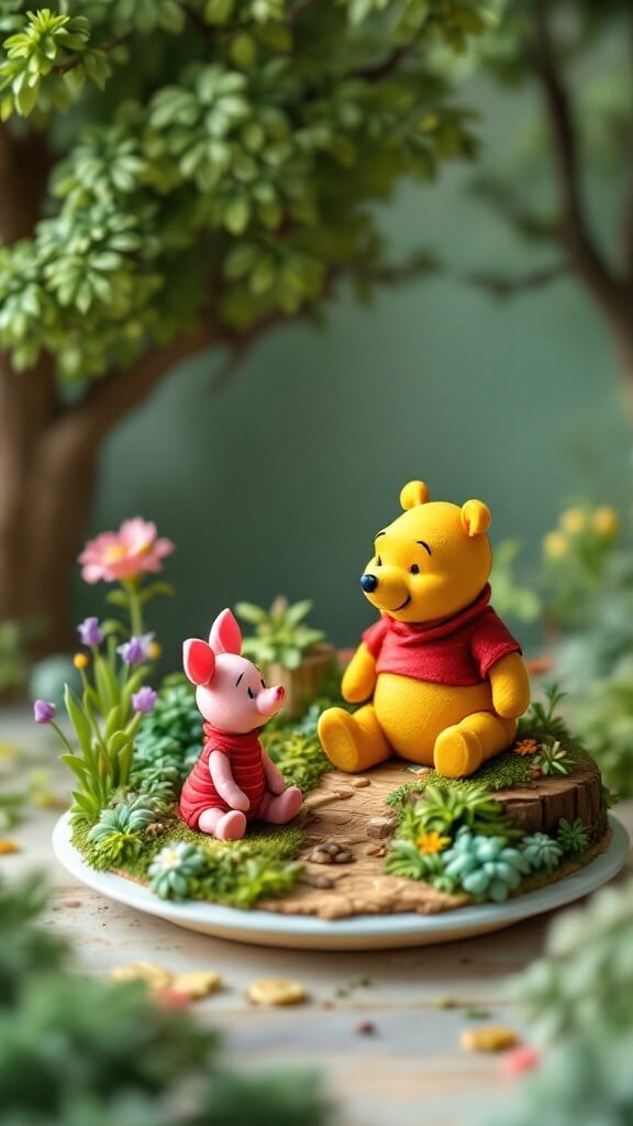 Cake depicting Winnie the Pooh and Piglet in a forest setting, surrounded by flowers and greenery.