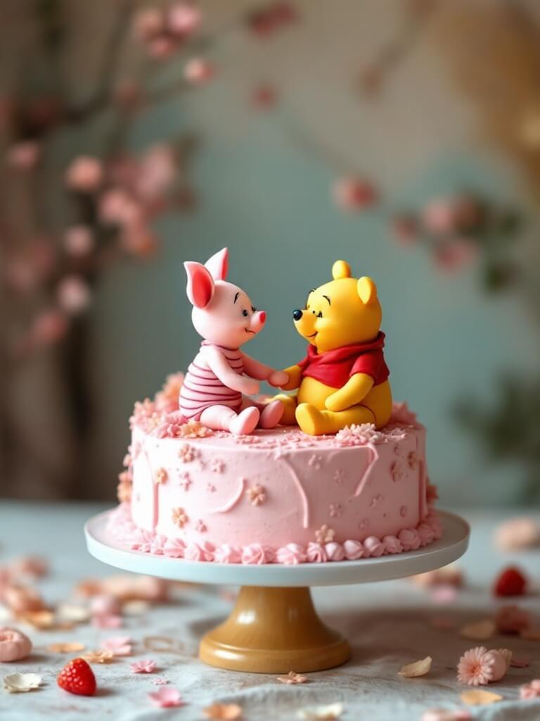 A pink cake featuring Winnie the Pooh and Piglet, surrounded by flowers and decorations.