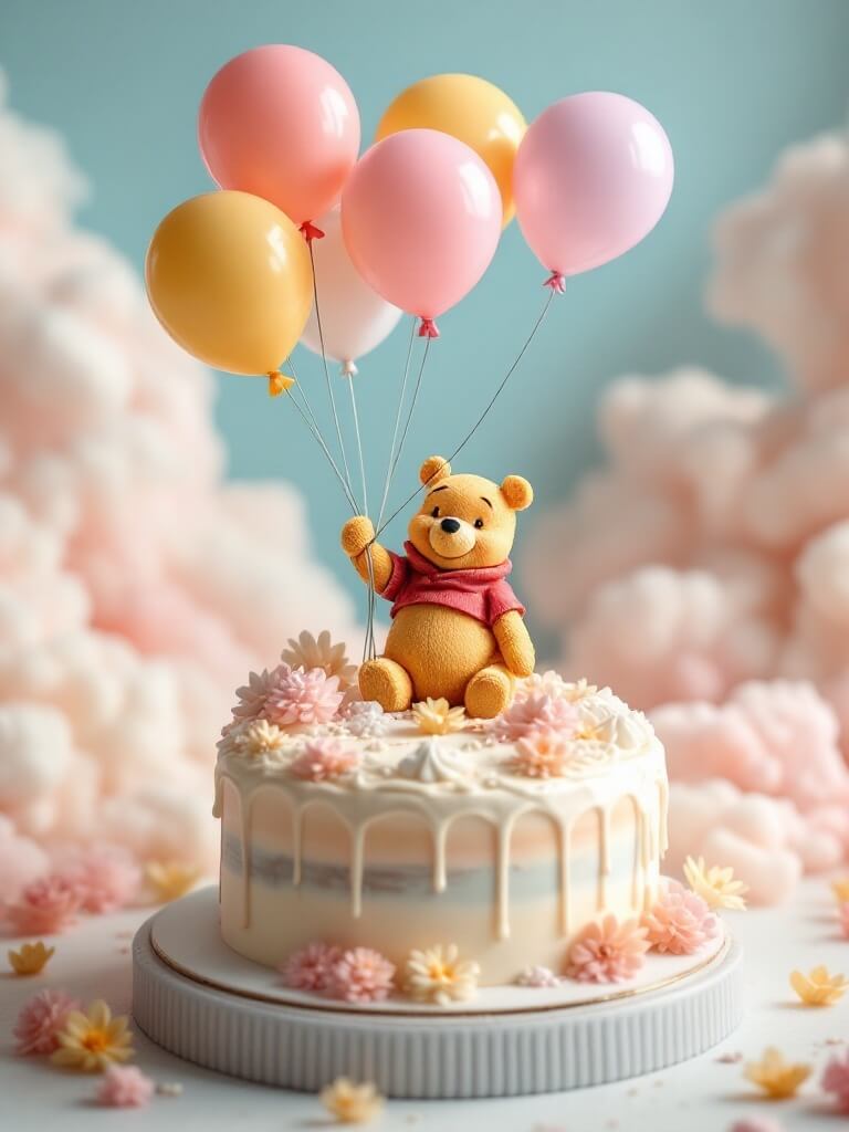 A two-tier cake decorated with Pooh Bear holding balloons, surrounded by flowers.