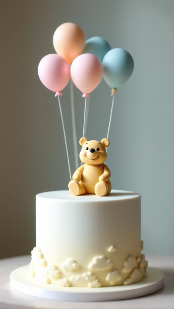 A three-tier cake with pastel balloons and a Winnie the Pooh figurine sitting atop.