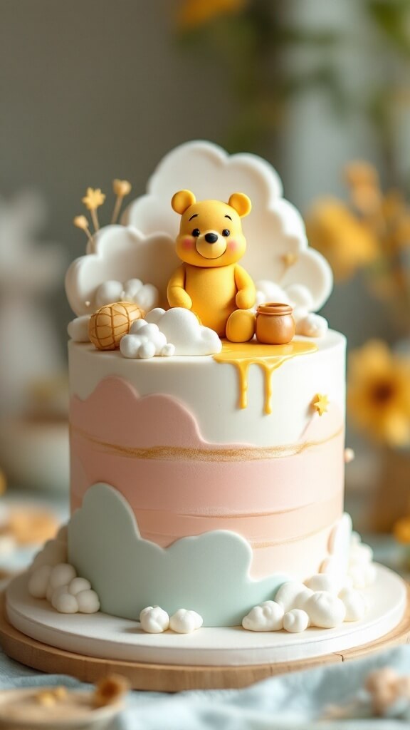 A whimsical cake featuring Winnie the Pooh surrounded by clouds and honey drips, perfect for a baby shower.