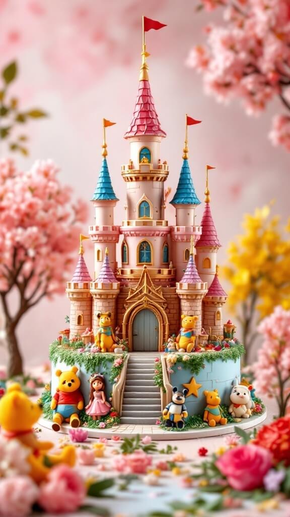 A whimsical cake shaped like a fairy tale castle, decorated with Winnie the Pooh characters and colorful flowers.