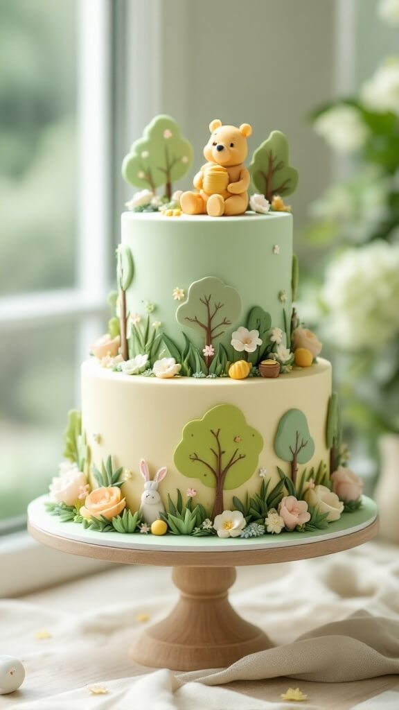 A tiered cake decorated with trees, flowers, and a cute Winnie the Pooh figure sitting on top.