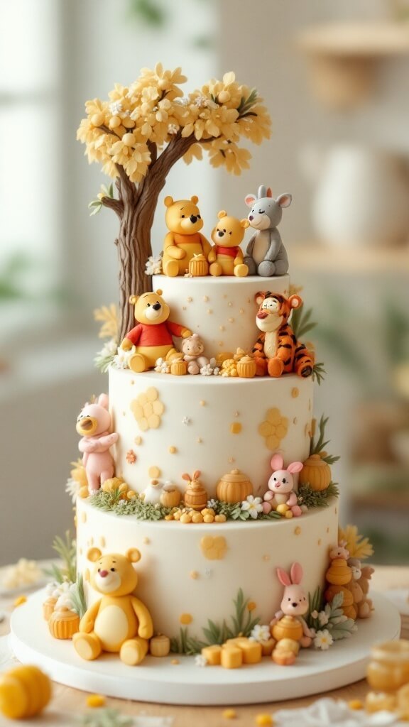 A two-tier cake featuring Winnie the Pooh and friends, with soft pastel colors and decorative elements like honey pots and flowers.