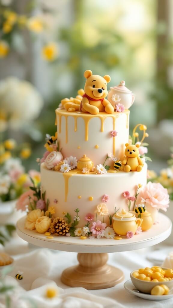 A two-tier Winnie the Pooh cake decorated with flowers and bees, featuring a honey pot and cheerful Pooh figurine.