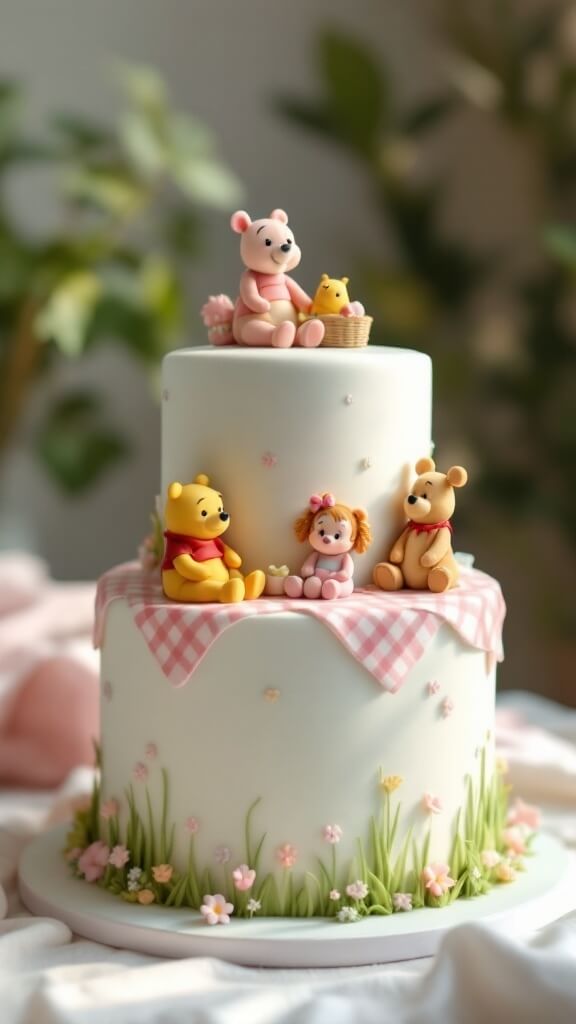 Two-tier cake decorated with Winnie the Pooh characters, soft pastel colors, and a picnic blanket design.