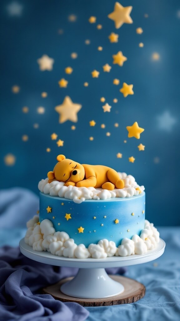 A cake with Pooh Bear sleeping on top, surrounded by stars and fluffy frosting.