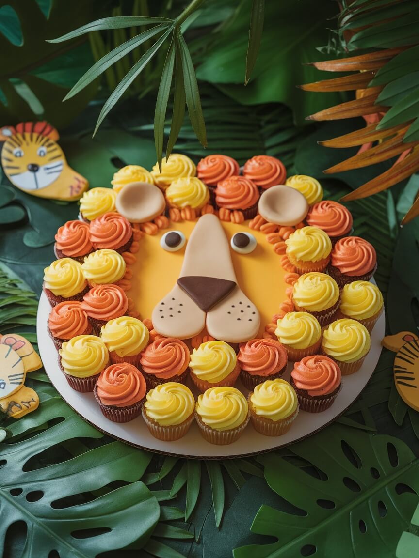 A colorful lion-themed pull-apart cupcake cake surrounded by tropical leaves.