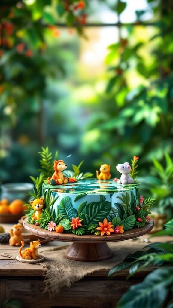 A beautiful jungle themed cake with a mirror glaze, decorated with tropical leaves and cute animal figurines.